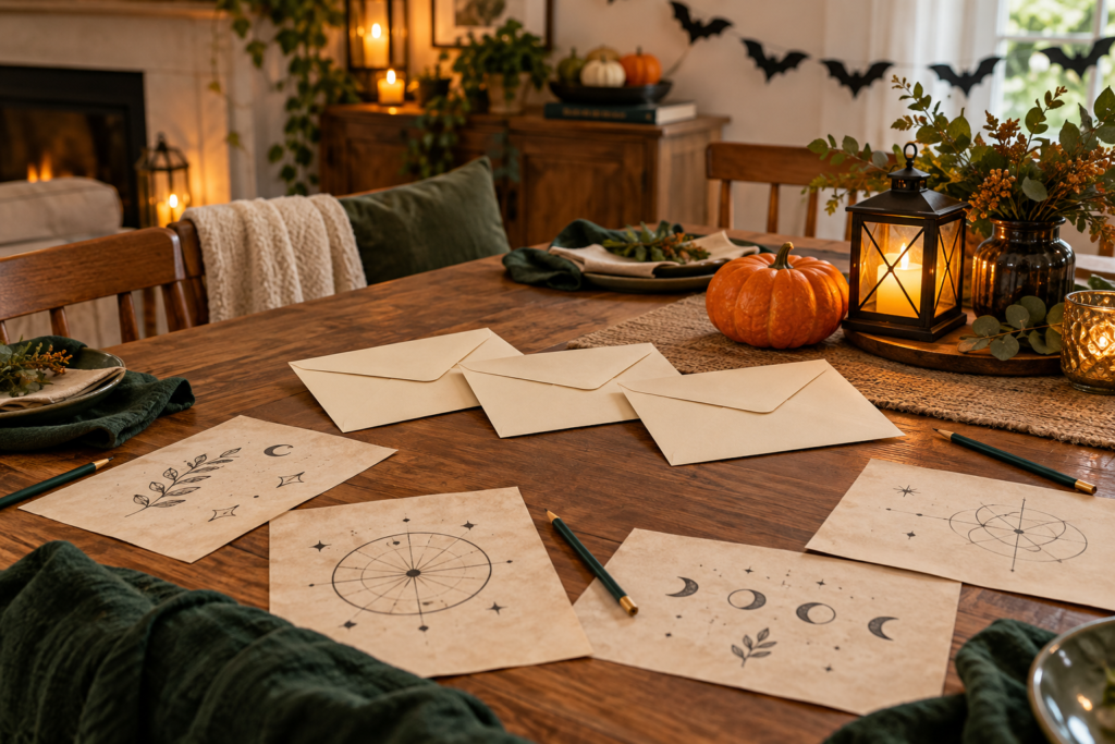 Halloween puzzle party table with clue envelopes, pencils, a pumpkin and a glowing battery lantern