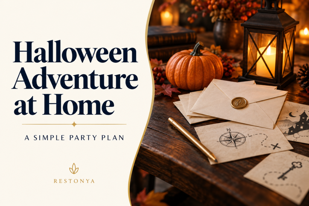 Halloween adventure at home guide, with pumpkins, a lantern and clue envelopes