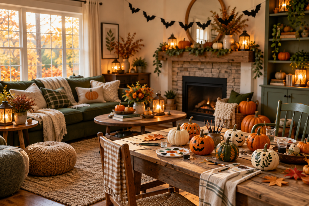 Pumpkins, paper bats and a craft table prepared for a family Halloween party
