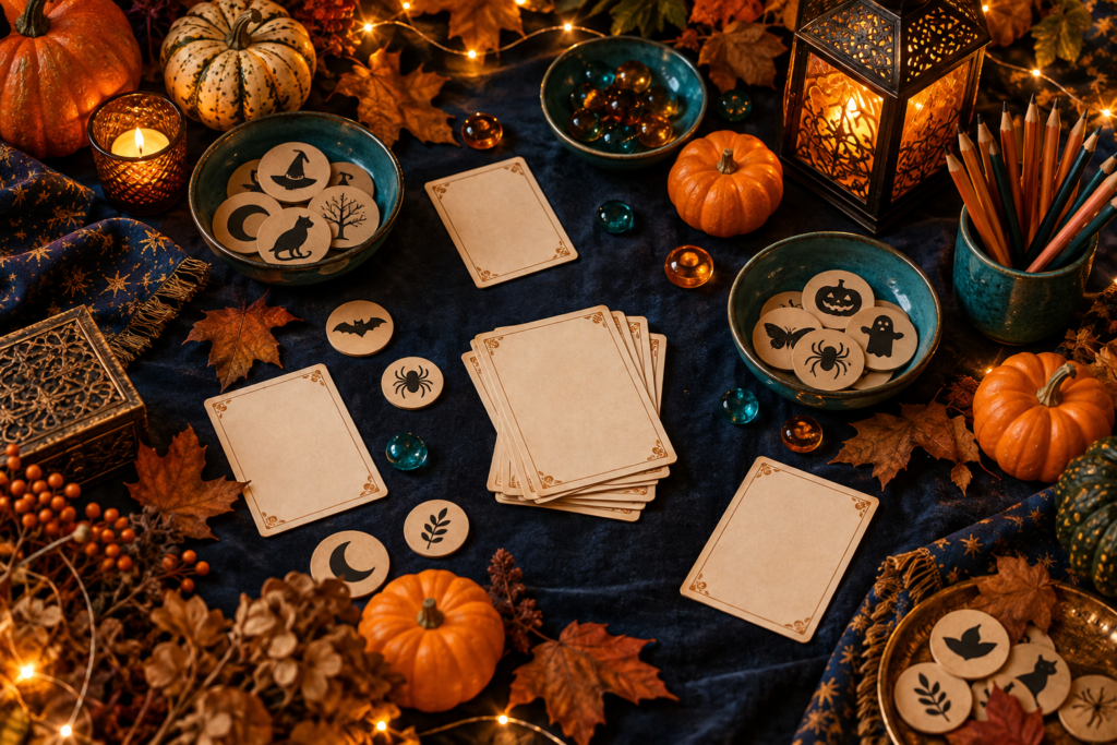 Halloween game setup with pumpkins, blank clue cards, pencils and teal bowls