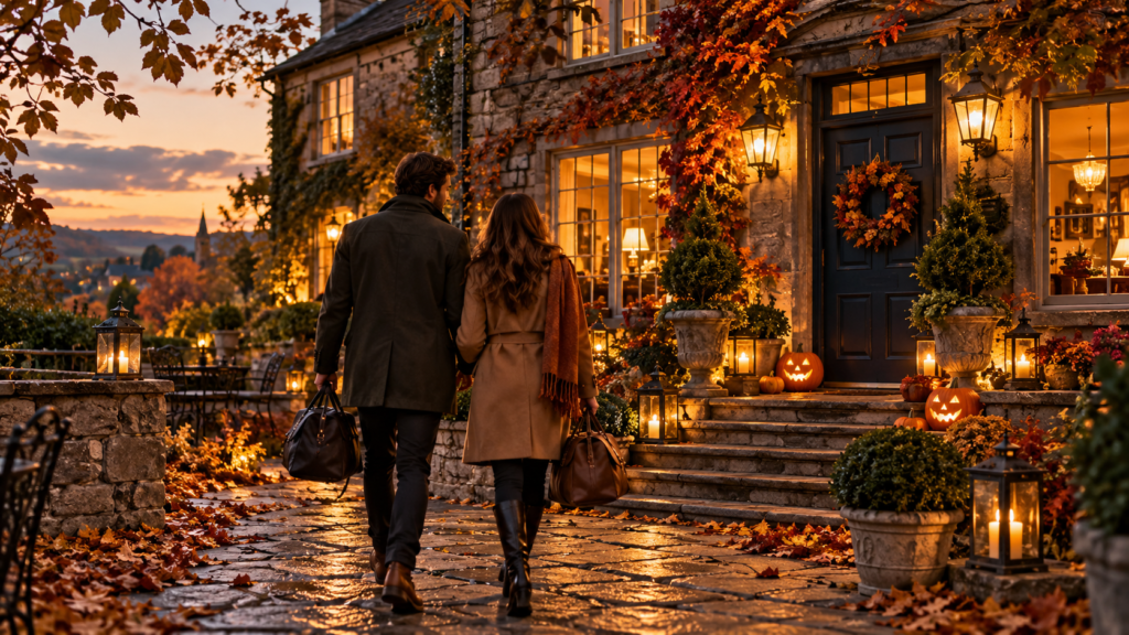 A couple carrying weekend bags toward an autumn inn decorated with pumpkins