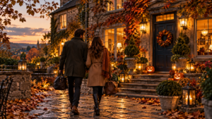 A couple carrying weekend bags toward an autumn inn decorated with pumpkins