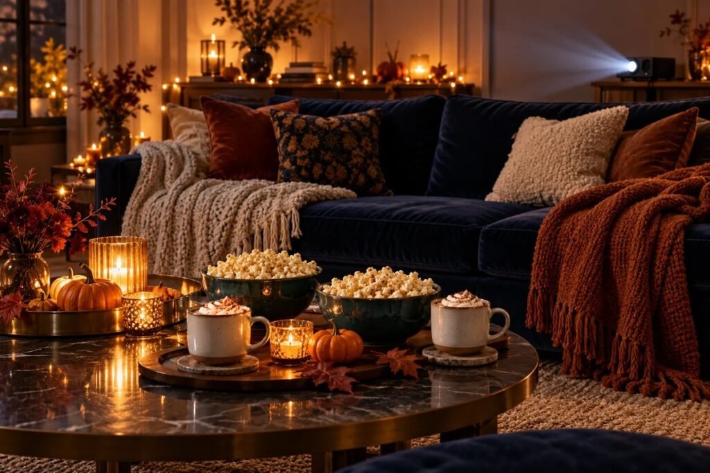 Cozy Halloween movie night setup with popcorn, warm drinks and pumpkin decorations