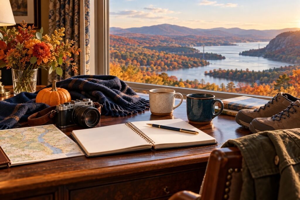 Halloween travel planning concept with a notebook, camera and walking shoes beside an autumn river view
