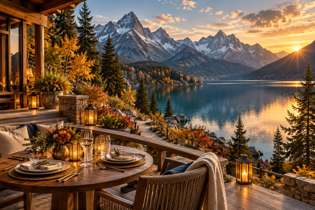 Mountain lake and a warmly lit terrace dining setting at sunset