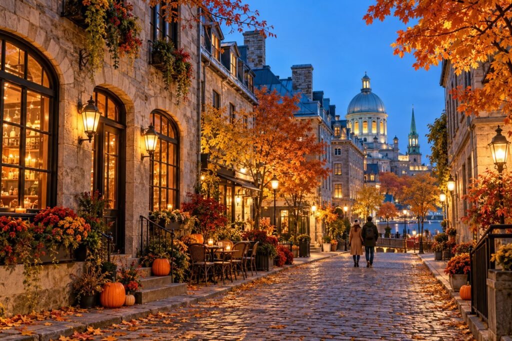 Old Montreal inspired autumn street travel concept with stone buildings and golden leaves