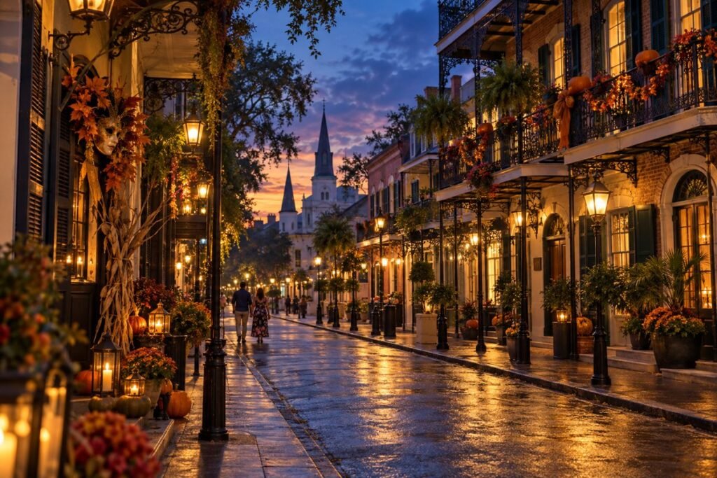 New Orleans inspired travel concept with iron balconies and warm Halloween evening lights