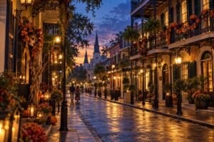 New Orleans inspired travel concept with iron balconies and warm Halloween evening lights