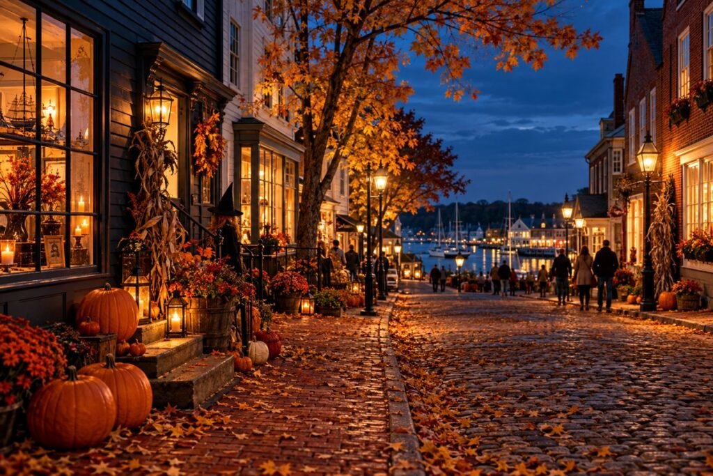 Autumn travel concept with pumpkin-decorated New England storefronts and warm evening lights
