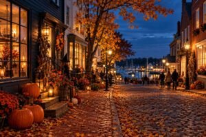 Autumn travel concept with pumpkin-decorated New England storefronts and warm evening lights