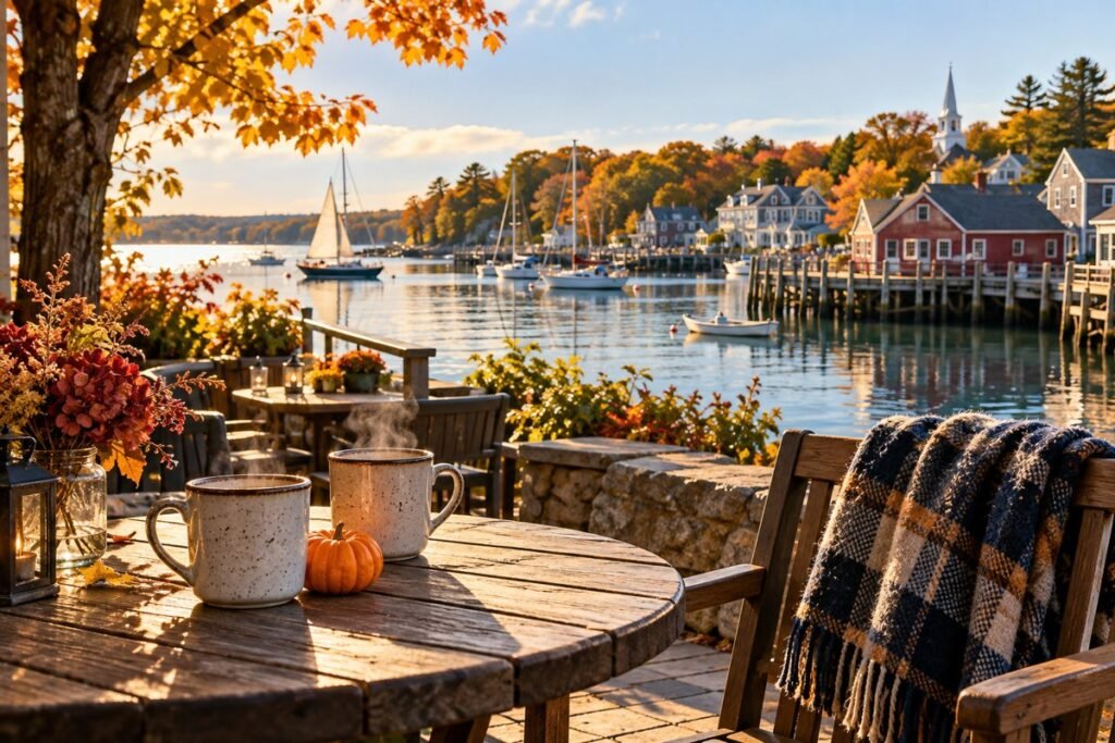 Autumn waterfront cafe concept with warm drinks, a pumpkin and a harbor view