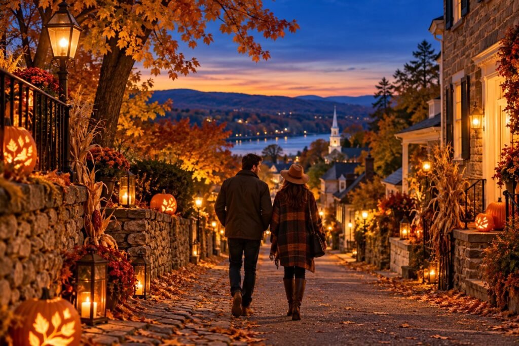 Autumn travel concept showing a couple walking along a pumpkin-decorated village lane