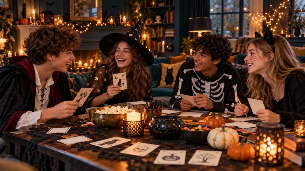 Teen friends playing Halloween party games indoors around a decorated table