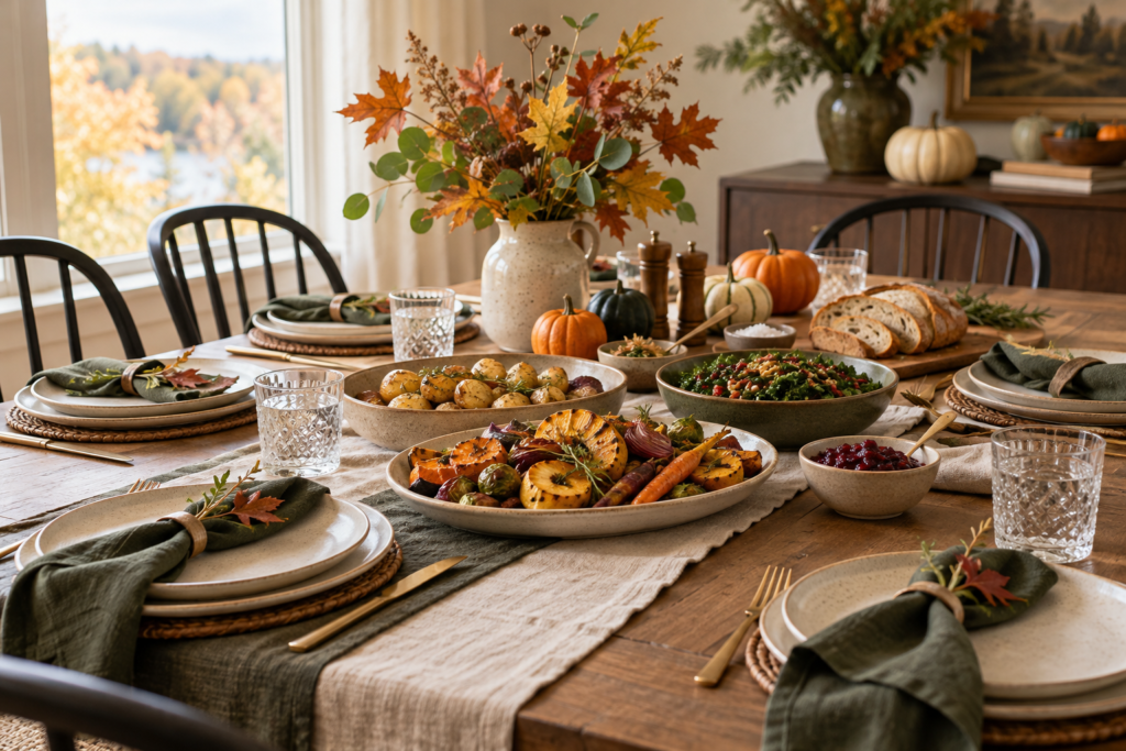 A small Thanksgiving dining table with autumn decorations and shared dishes